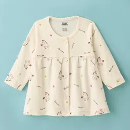 Pink Rabbit Interlock Knit Full Sleeves Front OpenFrock With Unicorn Print - Cream-picture-0