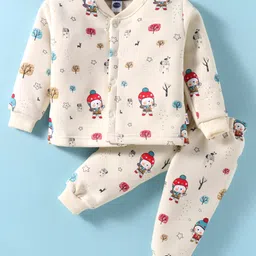 Teddy Fleece Knit Full Sleeves Winter Night Suit with Christmas Theme Print - Beige-picture-21