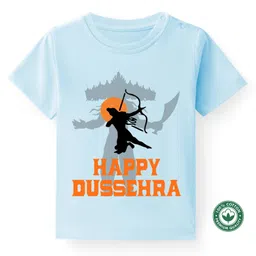 BLUSHES Dussehra Theme 100% Cotton Half Sleeves Happy Dussehra Text Printed Tee - Powder Blue-picture-24