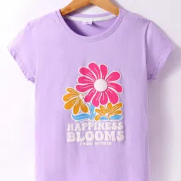 Smarty Girls Cotton Knit Half Sleeves Floral Printed T-Shirt - Lilac-image-24