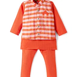 Ridokidz Full Sleeves Solid Kurta Pyjama With Striped Jacket - Orange-picture-27
