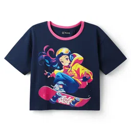 Pine Kids Cotton Knit Half Drop Shoulder Sleeves T-Shirt with Skating Print - Navy Blue-image-58