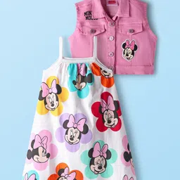 Babyhug Disney Single Jersey Knit Sleeveless Frock With Denim jacket And Minnie Mouse Graphic - Multi Colour-picture-27