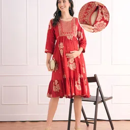 Bella Mama Viscose Woven Three Fourth Sleeves Maternity Dress with Floral Print & Embroidery on Neck - Dark Red image 1