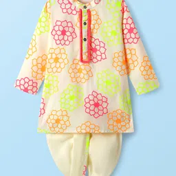 EARTHY TOUCH Cotton Woven Mandarin Collar Full Sleeves Kurta Dhoti Set with Floral Print - Off White-picture-37