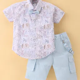 Dapper Dudes Half Sleeves Jungle Theme Printed Shirt & Shorts WIth Bow & Suspender Set - Grey-picture-19