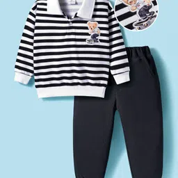 Mark & Mia Fleece Knit Full Sleeves Oversize Winter Wear Polo T-Shirt & Joggers Set with Bear Applique Stripes & Collar Detailing - Black & White-picture-17