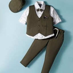 Dapper Dudes Full Sleeves Cross Printed 3 Piece Party Suit With Bow & Cap Set - Olive Green-picture-3