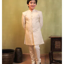 AJ Dezines Jacquard Woven Full Sleeves Floral Embroidered Sherwani With Pyjama Set - Cream-picture-11
