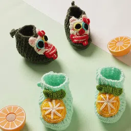 MayRa Knits Hand Knitted Pack Of 2 Fruit & Joker Designed Booties - Black & Sea Green-picture-26