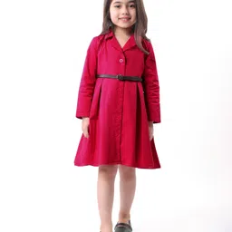 Babyhug Cotton Woven Full Sleeves Front Open Collared Solid Shirt Dress - Red image 2