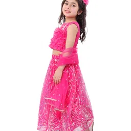 Babyhug Woven Sleeveless Sequin Embroidered Choli Lehenga Set with Dupatta & Frill Detailing - Fuschia image 2