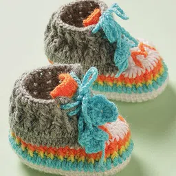 MayRa Knits Hand Knitted Woven Pack Of 2 Teddy & M Text Applique Detailed Booties - Grey & Orange image 4
