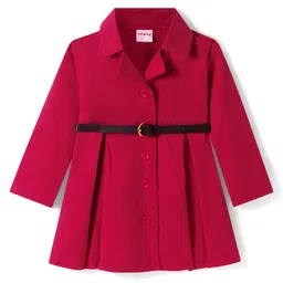 Babyhug Cotton Woven Full Sleeves Front Open Collared Solid Shirt Dress - Red image 4