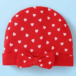 Babyhug 100% Cotton Interlock Knit Caps Heart & Tropical Print with Bow Applique Pack of 2 - Red & White image 4