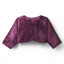 Babyhug Woven Shimmered Party Dress & Full Sleeves Shrug With Bow Applique - Wine image 5