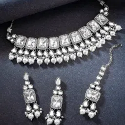 Peora Rhodium White Ethnic Crystal Kundan & Beads Studded Necklace, Earring & MaangTikka Set-image-31