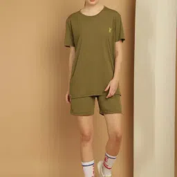 Vimal Jonney Olive Green Cotton Sports T-Shirt Shorts Set-image-57