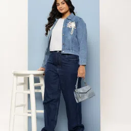 Aarika Blue Embroidery Regular Fit Denim Jacket image 4