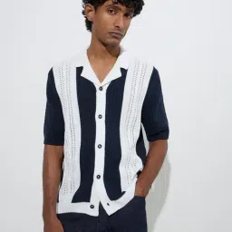 Ascot by Westside Navy Colour-Blocked Knitted Relaxed-Fit Cotton Shirt-picture-39