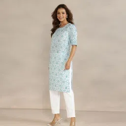 Fabindia White Cotton Printed Regular Fit Kurta image 4