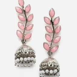 Zeneme Silver Plated Oxidised Crawler Leaf Shaped Jhumki Earrings image 4