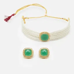 Zeneme Gold Plated White Pearl Beaded Green AD Stone Jewellery Set image 4
