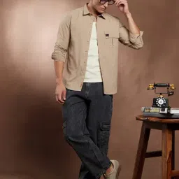 Campus Sutra Sand Beige Grid-Utility Shirt image 5