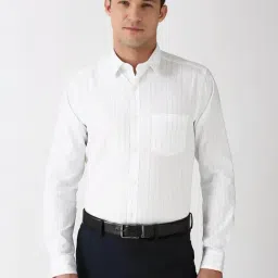 Peter England White Cotton Slim Fit Striped Shirt-image-30