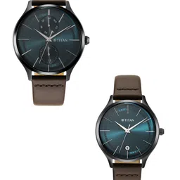 Titan Unisex Set of 2 Green Dial & Brown Leather Straps Analogue His and Her Watches-picture-15