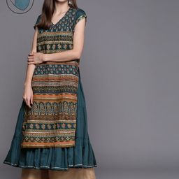 Biba Women Teal Ethnic Motifs Printed Kurta with Mask-picture-8