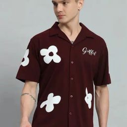 Griffel Maroon Cotton Loose Fit Printed Shirt-picture-45