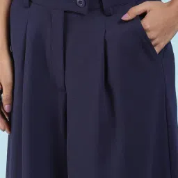 Label Ritu Kumar Navy Relaxed Fit Mid Rise Pleated Pants image 5
