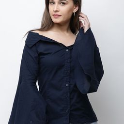 Cation Women Navy Blue Solid Shirt Style Pure Cotton Top-picture-3