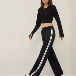 studiofit women Studiofit by Westside Black Striped High-Rise Cotton Blend Track Pants image 3