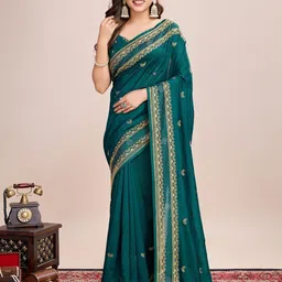 ODETTE Green Silk Blend Embroidered Saree With Unstitched Blouse For Women-picture-16