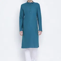 NAMASKAR Men Blue Cotton Solid Kurta-image-24