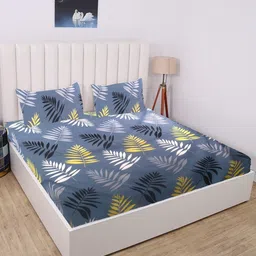 rd trend RD TREND® 360° Fitted Bedsheets Double Size 72x60x8 Inch, Elastic Bedsheets for Queen Size Bed with 2 Pillow Covers-18x28 Inch (Grey Leaves) image 1