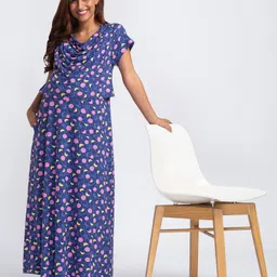 Bella Mama Half Sleeves Maternity Nursing Nighty Floral Print - Blue-picture-19