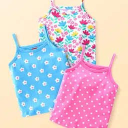 Babyhug 100% Cotton Knit Singlet Sleeves Antibacterial Slips With Polka Dots & Floral Print Pack of 3 - Blue & Pink-picture-24