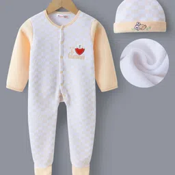 Kookie Kids Full Sleeves Front Open Checkered Romper withCap Bear & Bunny Embroidery - Peach-picture-19
