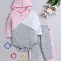 BUMZEE Cotton Full Sleeves Colour Blocked Hooded Onesie With Joggers Set - Grey Melange-picture-43