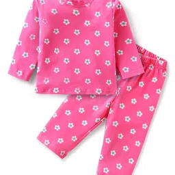 Babyhug Cotton Knit Full Sleeves Night Suit with Floral Print - Dark Pink-picture-36