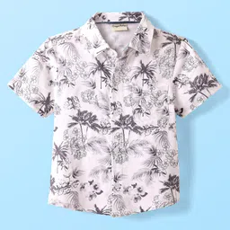 CrayonFlakes Rayon Half Sleeves Floral & Palm Tree Printed Shirt - Off White-image-58