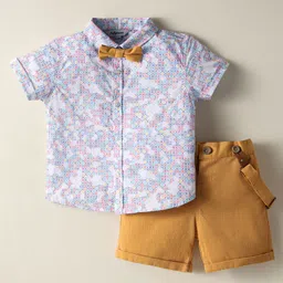 ToffyHouse Poplin Woven Half Sleeves Printed Shirt & Shorts With Bow & Suspender - Gold-picture-17