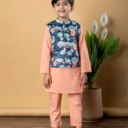 READIPRINT Cotton Full Sleeves Solid Kurta Pyjama With Floral Printed Nehru Jacket Set - Peach-picture-15