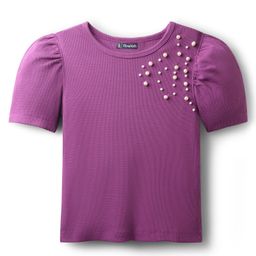 Pine Kids Cotton Knit Half Sleeves Solid Color Top with Pearl Detailing - Violet-picture-39
