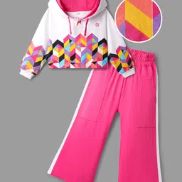 OLLINGTON ST. Cotton Looper Full Sleeves Winterwear Suit Set with Hoodie Geometric Print & Track Pant -White & Pink-picture-22