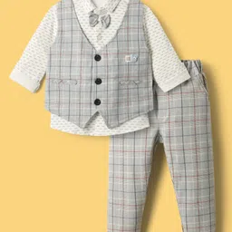 Mini Taurus Sinker Knit Full Sleeves Checked Three Piece Party Suit with Bow Applique - Light Grey & White-picture-14