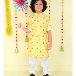 Ministitch Cotton Woven Full Sleeves Bandhani Printed Kurta Pyjama Set - Yellow-picture-27